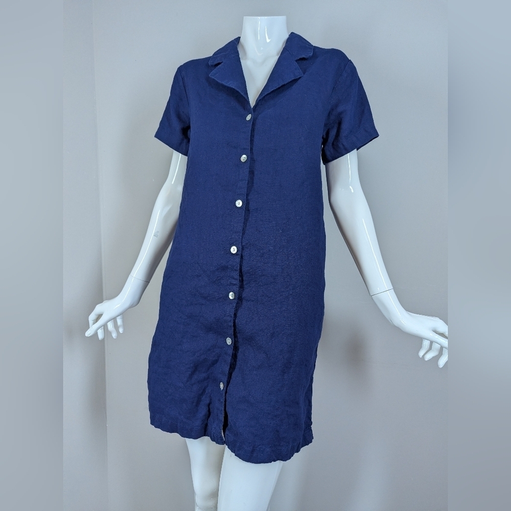 Tahari Navy Linen Shirt Dress XS Coastal Resort Summer Mini Pockets